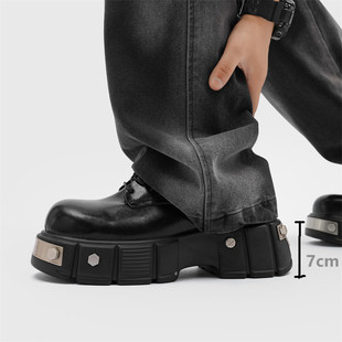 Iron Toe Derby Shoes Men's Advanced Sense Black Functional Round Toe Leather Shoes Thick Sole Elevated 7CM Mickey Big Toe Shoes