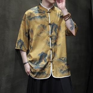 2024 Summer New Chinese Style Men's Fashionable Ice Silk Tang Dress Vintage Buckle Chinese Printed Half Sleeve Shirt for Men