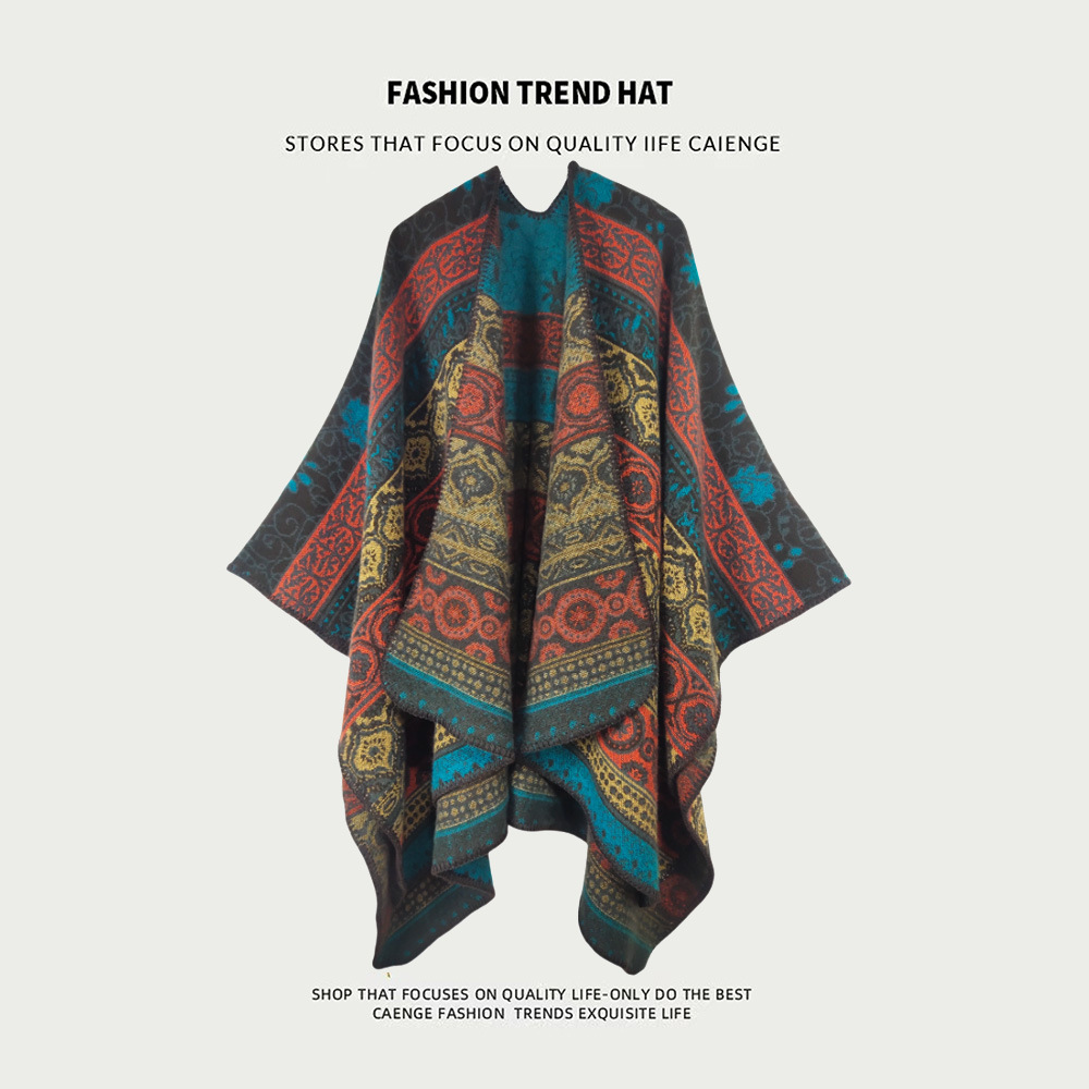 Qinghai Xizang Xinjiang Travel Oversized Slit Shawl Women's Ethnic Style Thickeneded Cloak Ethnic Air-Conditioned Room Blanket