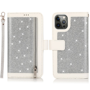 Foreign Trade Samsung S23 Glitter Splicing Nine Card Zipper Bag iPhone16PRO Card Flip Business Leather Case