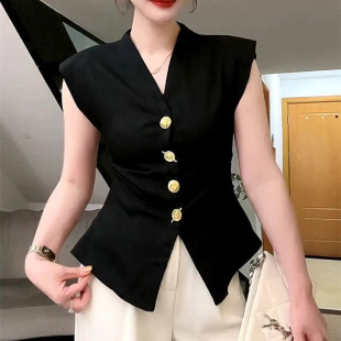 French-Style Vintage High-End Women's Suit Vest European Summer Fashion V-Neck Slim Waist Heavy Button Sleeveless Top