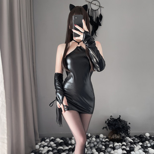Rainy Night charming sexy sexy lingerie nightclub Queen tight leather uniform temptation hip-exposed Free passion suit