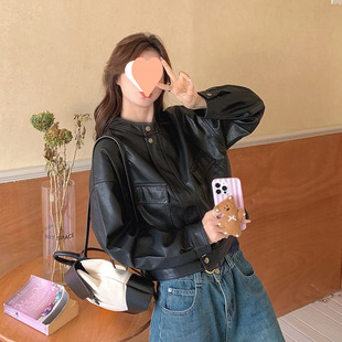 High-end Hong Kong-style Leather Jacket Women's Short 2024 Autumn New Design Sense Loose Motorcycle Leather Jacket Western Style