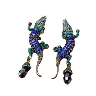 Full Diamond Tassel Inlaid Earrings Niche Design Distinctive Earrings New Fashion Crocodile Shape Gold Plated Metal