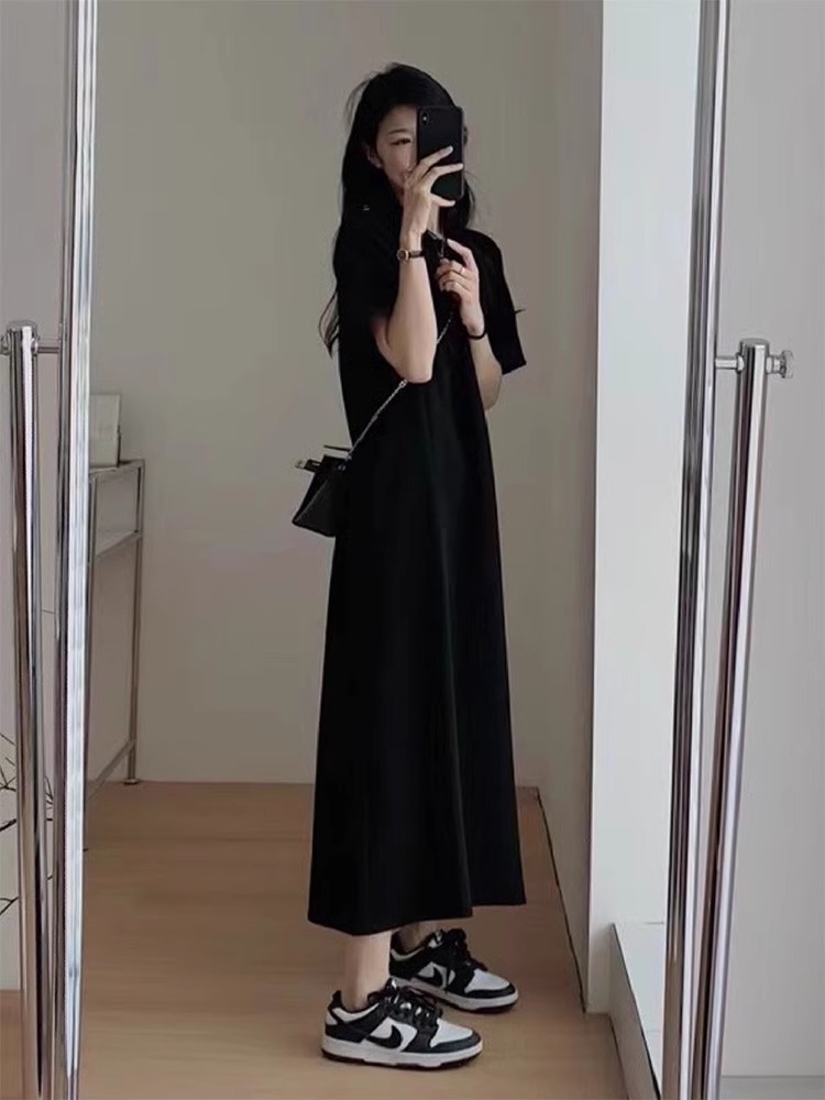 임산부 여름 원피스 2025 새로운 한국 패션 느슨한 둥근 목 봄과 여름 배꼽 캐주얼 긴 치마