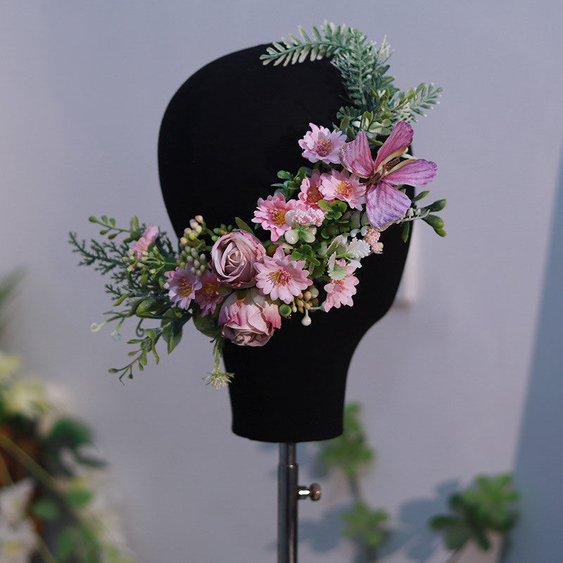 Forest Style Simple Exterior Photo Bride Decorated with Blue Silk Flowers Chinese Classical Photo Wedding Dress Butterfly Hair Accessories Wedding