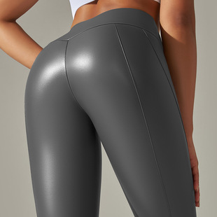 2024 cross-border Amazon new stitching PU leather pants high waist tights running fitness training high elastic pants