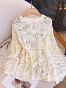 2024 Summer Thin Lazy Style Dummy Air Conditioner Outer Blouse Women's Round Neck Irregular Crochet Hollow Knit Sweater