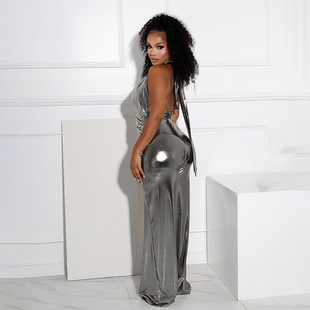 2024 Winter New Sexy Fashionable Swing Collar Open Chest Gloss Metallic Lace-up Large Backless Suspenders