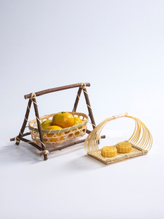 Bamboo woven small basket round handle refreshment fruit basket pastry tray creative small bamboo basket multi-layer bamboo woven basket