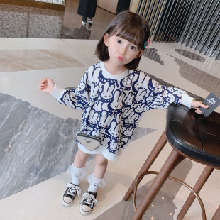 Girl's Cartoon Full Print Rabbit Long Sleeve Sweater Dress Children's Spring and Autumn Western Style Casual Dress Baby Girl Dress