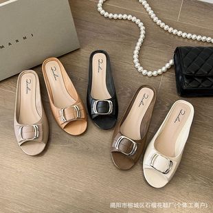 Pomegranate Flower New Women's Summer Half Slippers Fashionable Square Buckle Casual Thick Heel Outer Wear Flat Daily Sandals