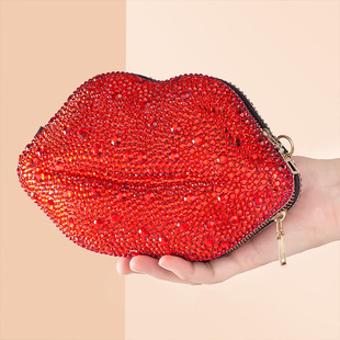 Cross-entry Diamond-embedded lip bag hand-held European and American party rhinestone red shoulder bag simple fashion elegant evening banquet bag inlaid