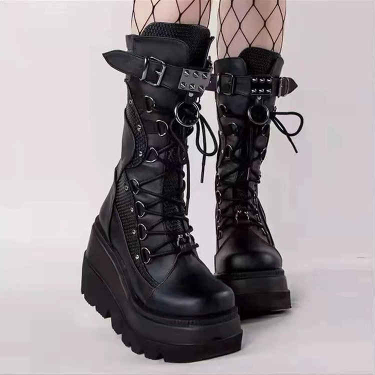 Amazon Cross-border Wedge Martin Boots Women's 2022 New European and American Large Size Punk Style Handsome Thick Bottom Medium Boots Women