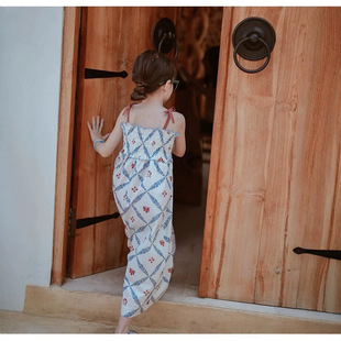 South Korea Children's Wear Girl's Vintage White Floral Strap Suspenders Summer jumpsuit Suspenders Loose Wide Leg Pants