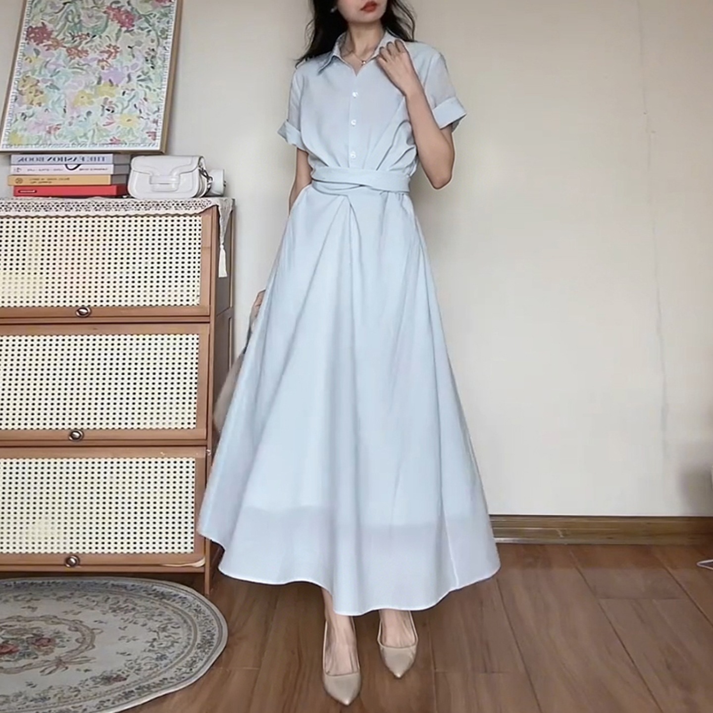 French-style purple fitted shirt dress, new summer style, super beautiful and gorgeous long dress.