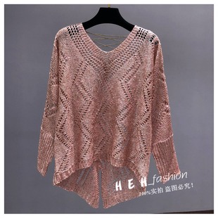 Bead Gold Line Loose plus size Dolman Sleeve Hollow Sequin Knit Shiny Backless Lace-Up Top Sun-Protection Shirt for Women