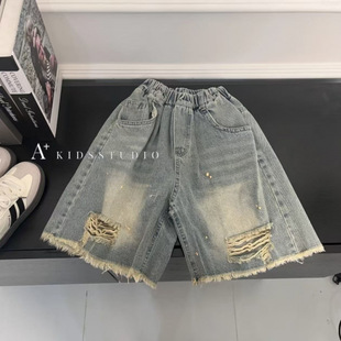 Boys Summer suit Summer New Korean-style Denim Ripped Shorts Leopard Print All-match Sleeveless Vest Two-piece Set