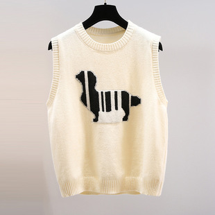 Lamb Contrast Color Crewneck Pullover Knitted Vest Women's Spring and Autumn New Loose Short Fashionable Sleeveless Waistcoat Trendy