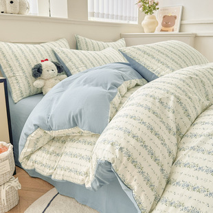 Small Fresh Pure Cotton Bed Four-Piece Set Pure Cotton Cartoon Student Dormitory Three-Piece Set Single and Double Quilt Cover Fitted Sheet Wholesale