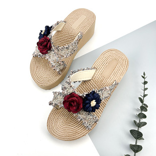 Xishuangbanna ethnic style slippers women's summer outdoor fashion thick-soled straw sandals wedge beach shoes foreign trade