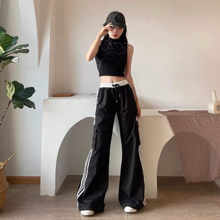 American Style Hot Girl Three Bar Crane Pants Women's Summer Thin High Waist Wide Leg Casual Sports Outdoor Quick-drying Black Pants