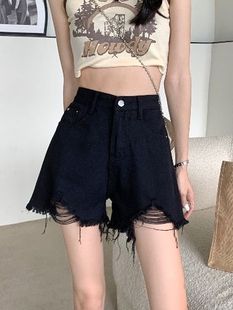 Amazon Denim Shorts Женские летние 2023 Новые свободные черные рваные специи для девочек в Корейском стиле с широкими штанинами