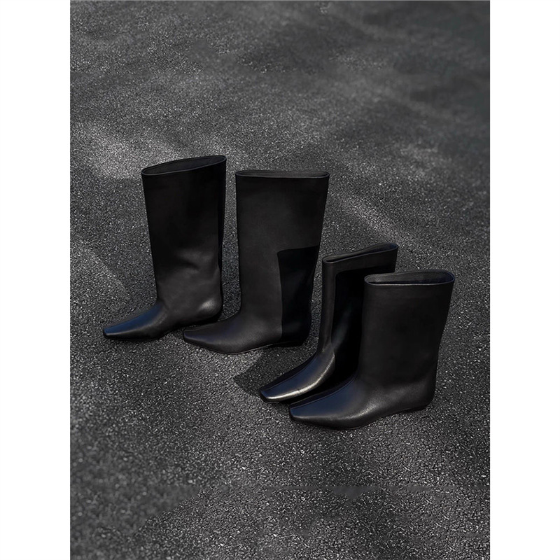Soft Leather Height-Increasing Straight Wide Mid-Calf Boots for Women 2026 Square-Toe Stylish Fashion Boots Minimalist Elegant Work Boots
