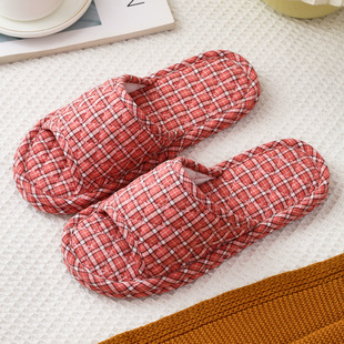 Wholesale plaid machine washable home cotton fabric slippers for men and women couples home wood floor silent soft cloth bottom