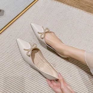 Soft Leather Pointed Flat Single-layer Shoes Women's 2025 Spring and Autumn New Arrival Rhinestone Bow All-match French Style Shallow Women's Shoes