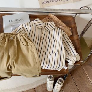 Children's shirt 2024 Bangcheng spring new boys' Korean style small retro shirt vertical stripe pocket shirt F0042
