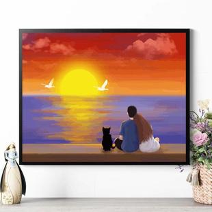 Digital oil painting diy hand-painted beautiful seaside Sunset Sunrise landscape oil paint wholesale