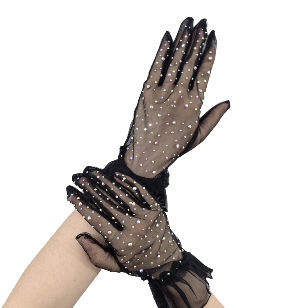 Fashion Color Diamond Lace Ruffled Sexy Breathable Driving Gloves Women's Summer Outdoor Wedding Stage Reflective Mori Style
