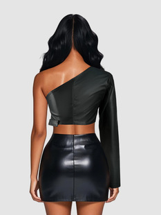 Cross-border locomotive punk single shoulder PU leather rock dance Joker irregular short coat European and American independent station net red