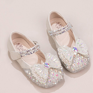 Girls' Rhinestone Fashion Small Leather Shoes 2024 Spring and Summer New Soft-soled Middle and Large Children's Princess Shoes Stylish Single-layer Shoes Crystal Shoes