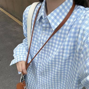 Stylish All-match Personalized French OTTD Blue Plaid Shirt Women's 2025 Spring New All-match Niche Top