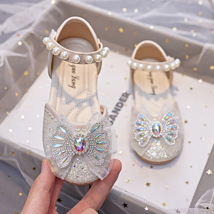 Girls' Fashion Semi Sandals 2024 Summer and Autumn New Children's Girls Bow Pearl Soft-soled Princess Shoes