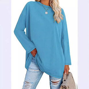 Cross-border European and American Amazon 2024 Autumn and Winter Loose Crewneck Long-sleeved T-shirt Women's All-match Solid Color Backing Shirt for Foreign Trade