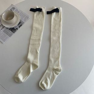 Autumn and winter wool over-the-knee socks with big bowknot sweet solid color Maillard style pile of calf socks mid-calf socks for women