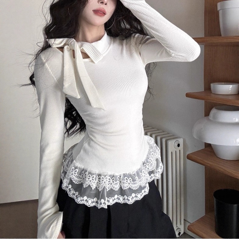 Ballet Style Beautiful Versatile T-Shirt for Women, Spring and Autumn Niche Design with Bow Tie, Hollow-Out Slim-Fit Base Shirt Trendy