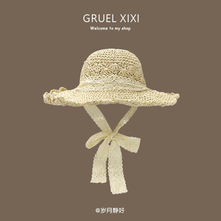 French Bow Straw Hat Women's Summer Seaside Big Eave Sunshade Small Flower Sunscreen Hat Foldable Straw Hat