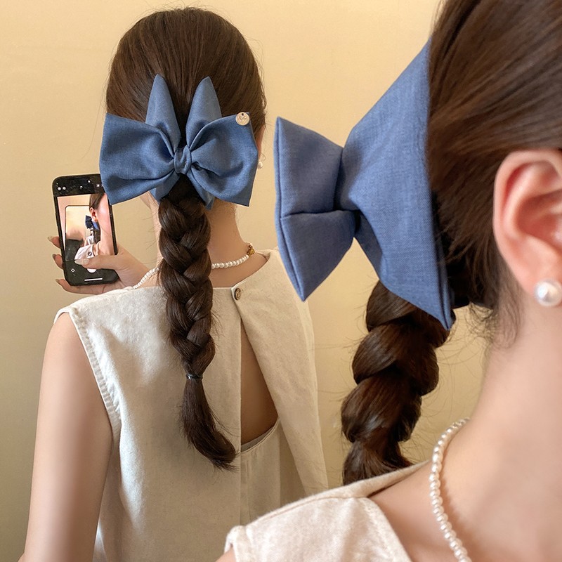 Denim Bow Double-Layer Triangular Clip for Women's Summer Style Hairpin on the Back of the Head, Shark Clip, Korean Style Versatile Hair Accessory