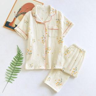 Pajamas Women's Spring and Summer Short-sleeved Trousers Home Costume Crepe Cotton Summer Thin Air-conditioning Suit