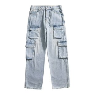 New Retro Denim Pants Men's Design Sense Smaller Big Pocket High Street Overalls Vibe Fashionable Brand Loose Pants