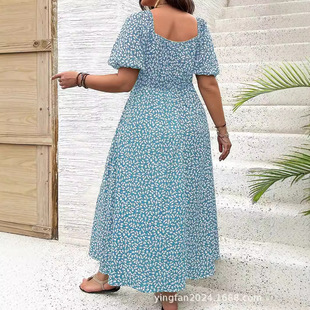 2025 New Amazon AliExpress European and American plus size Women's plus size Temperament Slimming Split Floral dress Summer