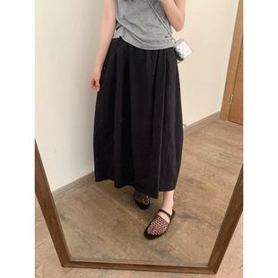 2025 Spring New Korean Style Flower Bud Dress Solid Color All-match Slimming Mid-length Semi-elastic High Waist A- line Skirt