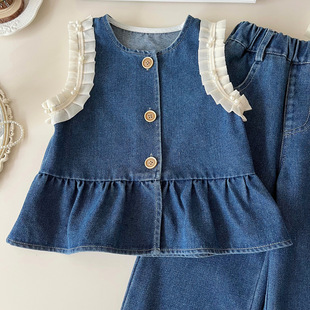 2024 Girls Western Style Denim Casual suit Autumn New Children's Vest Wide Leg Pants Internet Celebrant Children's Wear 67373