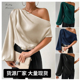 Foreign Trade Slanted Shoulder T-Shirt Sexy Off-Shoulder Loose Off-Shoulder Elegant Women's Clothing Amazon Cross-Border European and American Slanted Collar Top