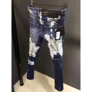 2024 New High Street Graffiti Letter Jeans Men's American Style Trendy Brand Ripped Internet Celebrant Same Style Slim-fit Skinny Pants for Men