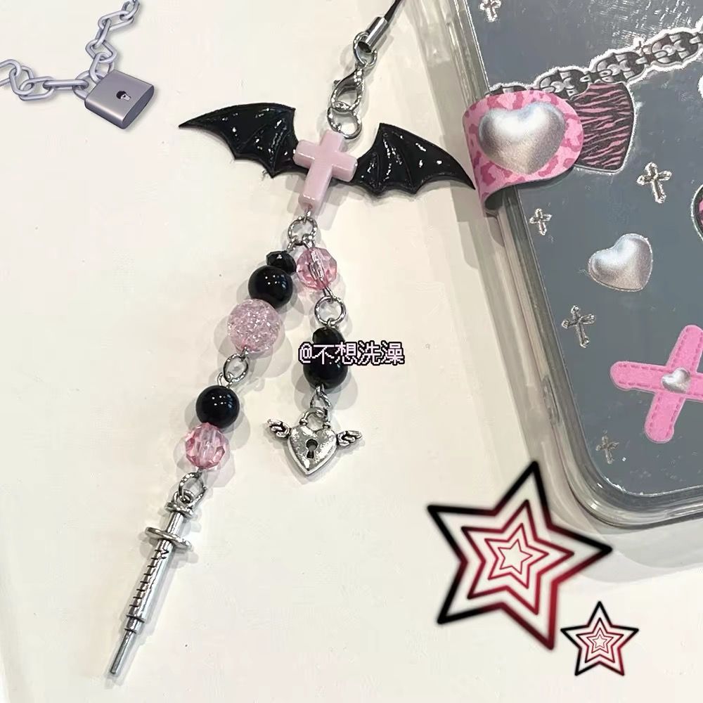 Gothic dark demon bat syringe love lock mobile phone chain sweet cool hot girl Cross bag pendant y2g